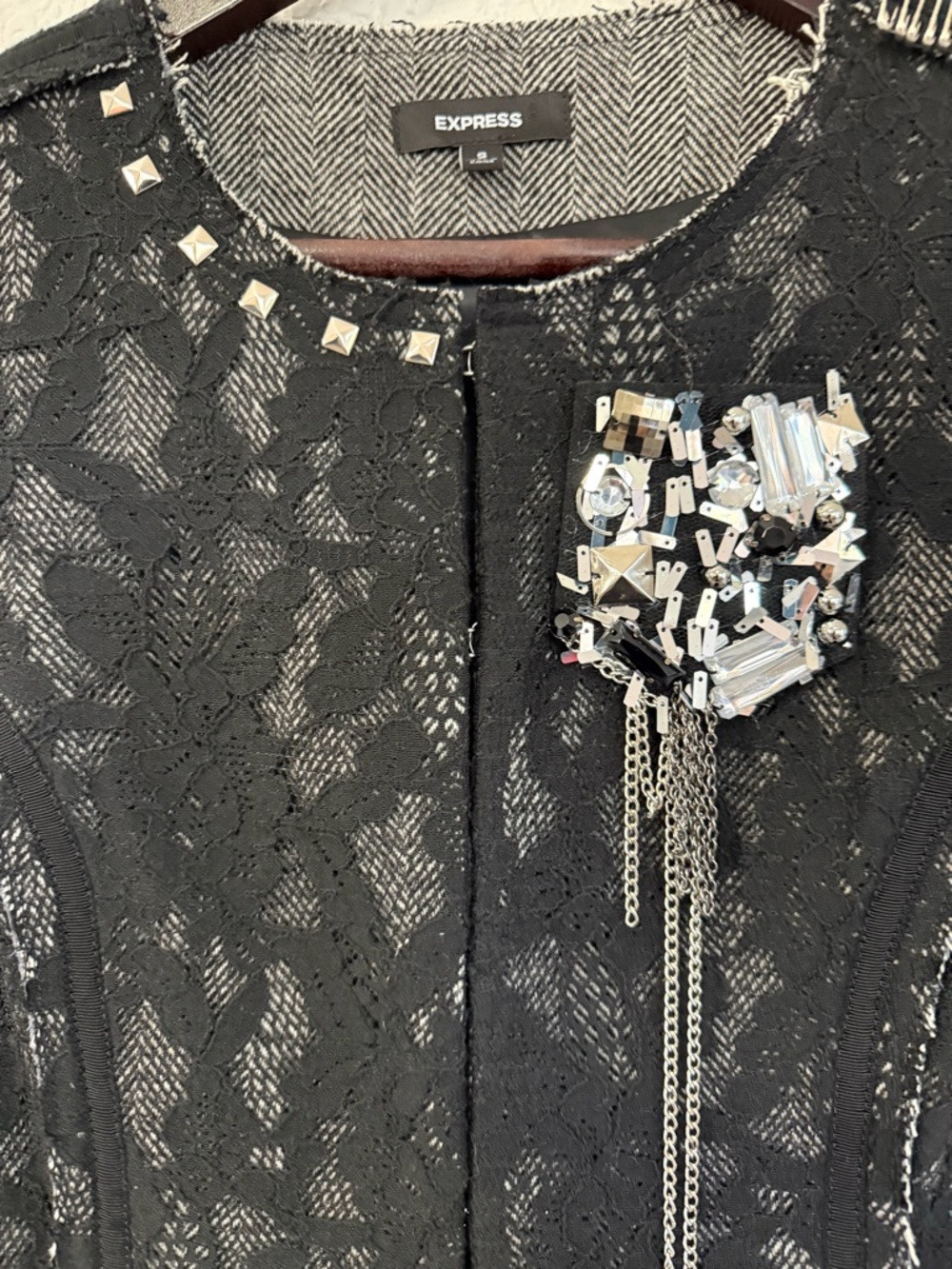 Express Lace Embellished Cropped Jacket | Black Evening Industrial | Size Small - Picture 5 of 16